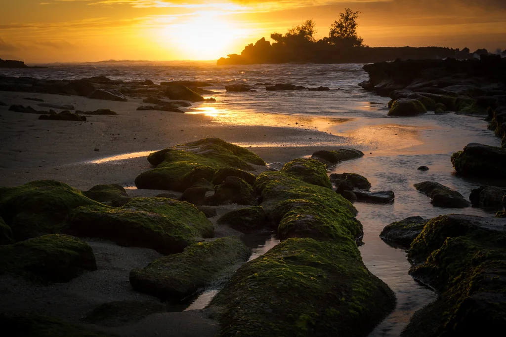 Golden sunset over a rocky Hawaiian beach. Moss-covered rocks line the shore as the sun dips below the horizon, casting a warm glow on the water and sky. Photo by Jeff Chun-Lum.