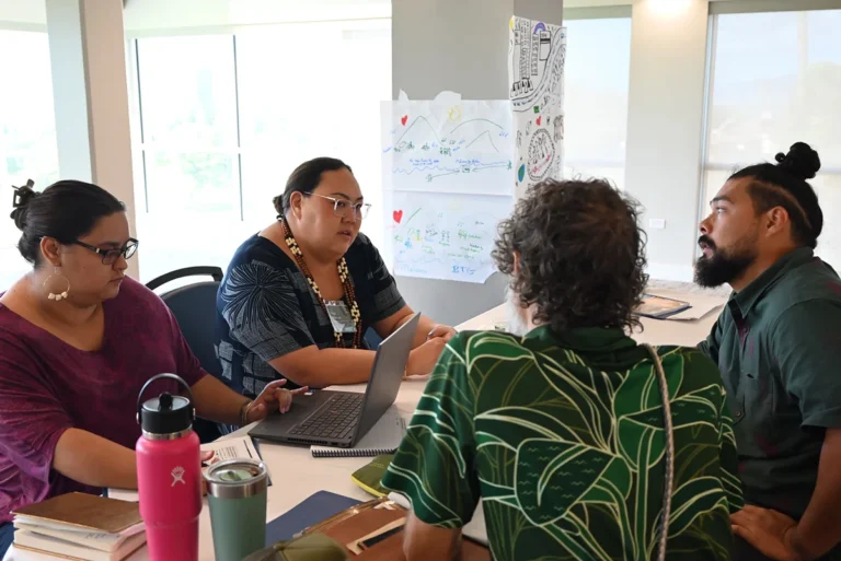 Four diverse professionals collaborate around a table, brainstorming ideas during a meeting. A laptop, notebooks, and water bottles are scattered on the table, with hand-drawn diagrams displayed behind them. This image is featured on the ANA Pacific Region website.